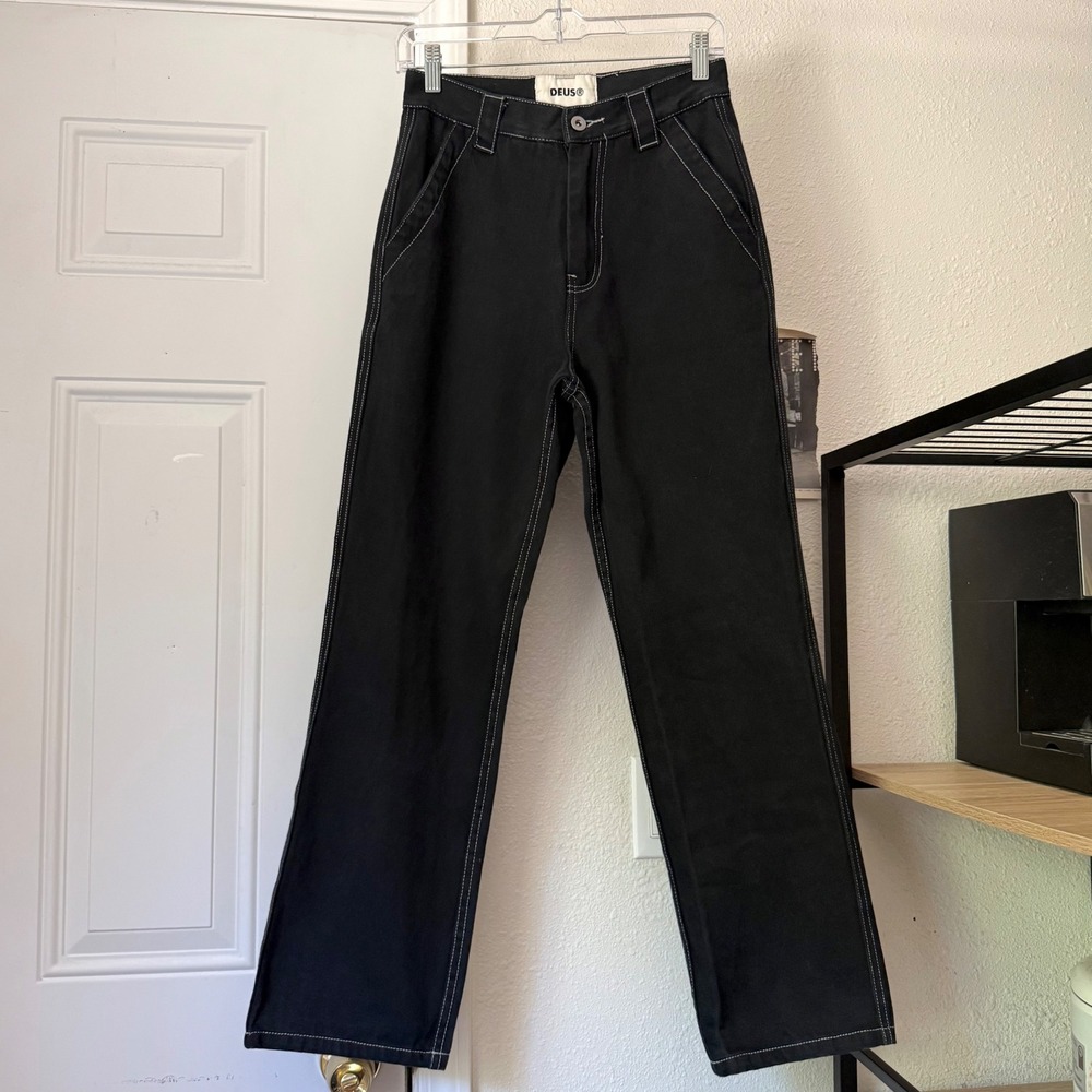 DEUS EX MACHINA black contrast stitch cotton high rise straight leg jeans